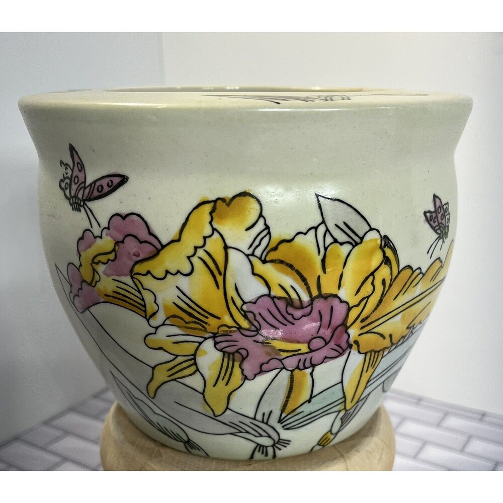Asian Y2K Pot Planter 6 X 4.75in Floral Butterflies Tulips Beige Pink Fairycore